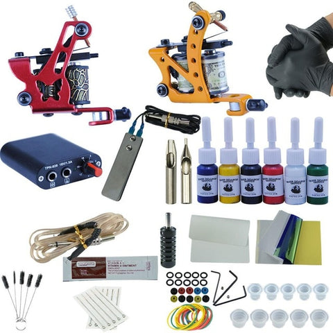 Complete Tattoo Kit 2 Tattoo Machines Gun Black Ink Set Power Supply Grips Body Art Tools Set Tattoo Permanent Makeup Tattoo set