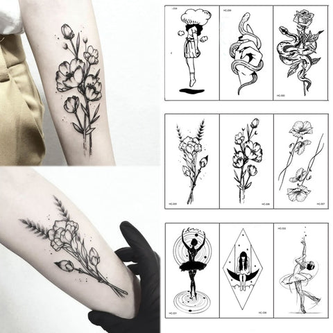 Hot 1PC Popular Ballet Black White Flowers Tattoos Sticker Temporary Drawing Body Art Fake Water Transfer